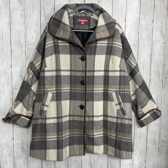 Woman Within Gray Black White Plaid Lined Button Up Winter Jacket Coat 18W - Picture 1 of 13